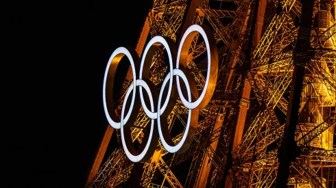 The Olympic rings sit on display on Eiffel Tower ahead of the Opening Ceremony of the Paris 2024 Olympic Games on July 21, 2024 in Paris, France.