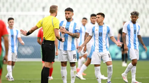 Nicolas Otamendi #16 of Team Argentina reacts towards Referee Glenn Nyberg after VAR disallowed Team Argentina's second goal during the Men's group B match between Argentina and Morocco during the Olympic Games Paris 2024 at Stade Geoffroy-Guichard on July 24, 2024 in Saint-Etienne, France.