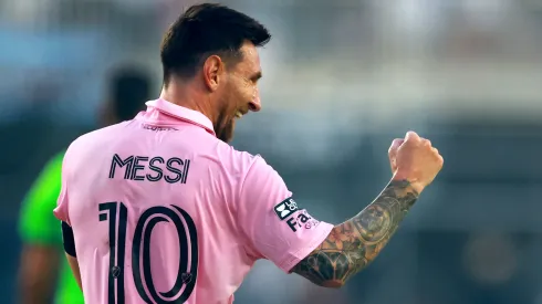 Lionel Messi #10 of Inter Miami CF reacts in the second half during the Leagues Cup 2023 match between Inter Miami CF and Atlanta United at DRV PNK Stadium on July 25, 2023 in Fort Lauderdale, Florida.