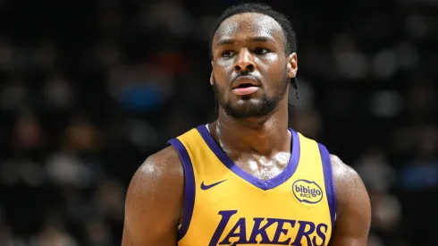 Bronny James Jr. #9 of the Los Angeles Lakers looks on against the Houston Rockets in the second half of a 2024 NBA Summer League game.