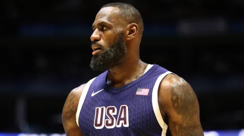 LeBron James of USA looks on during the 2024 USA Basketball Showcase match between USA and South Sudan at The O2 Arena on July 20, 2024 in London, England.
