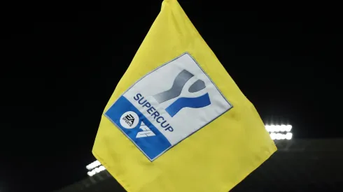 A detailed view of the corner flag prior to the Italian EA Sports FC Supercup Semifinal match between FC Internazionale and SS Lazioat Al-Awwal Stadium on January 19, 2024 in Riyadh, Saudi Arabia.