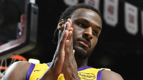 Bronny James Jr. #9 of the Los Angeles Lakers prepares to inbound the ball against the Cleveland Cavaliers at the start of the second half of a 2024 NBA Summer League game at the Thomas & Mack Center on July 18, 2024 in Las Vegas, Nevada.