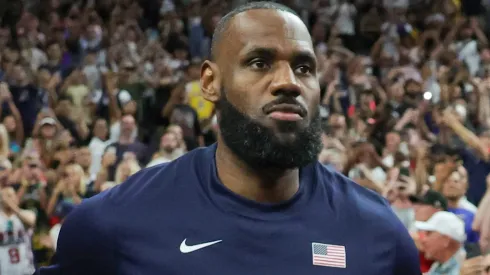 LeBron James #6 of the United States runs onto the court for an exhibition game against Canada ahead of the Paris Olympic Games.