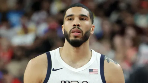 Jayson Tatum #10 of the United States walks on the court during a break in the second half of an exhibition game against Canada ahead of the Paris Olympic Games at T-Mobile Arena on July 10, 2024 in Las Vegas, Nevada. The United States defeated Canada 86-72.