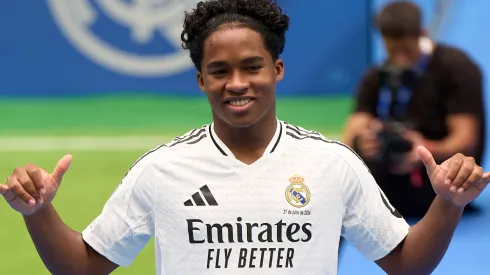 Real Madrid new signing, Endrick Felipe is unveiled at Estadio Santiago Bernabeu on July 27, 2024 in Madrid, Spain.
