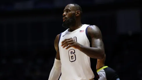 LeBron James of The United States looks on during the 2024 USA Basketball Showcase match between USA and Germany at The O2 Arena on July 22, 2024 in London, England.