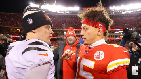 Joe Burrow #9 of the Cincinnati Bengals and Patrick Mahomes #15 of the Kansas City Chiefs meet on the field after the AFC Championship Game at GEHA Field at Arrowhead Stadium on January 29, 2023 in Kansas City, Missouri.