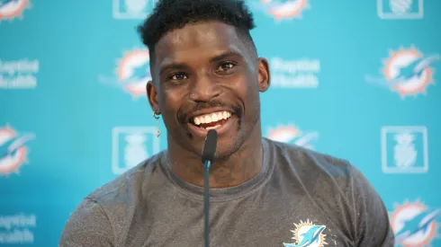 Tyreek Hill talks to the media during a Miami Dolphins press conference at PSD Bank Arena on November 02, 2023 in Frankfurt am Main, Germany.