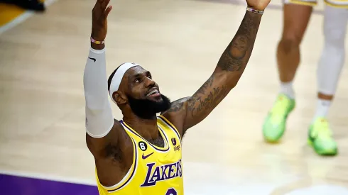 LeBron James #6 of the Los Angeles Lakers reacts after scoring to pass Kareem Abdul-Jabbar to become the NBA's all-time leading scorer, surpassing Abdul-Jabbar's career total of 38,387 points against the Oklahoma City Thunder at Crypto.com Arena on February 07, 2023 in Los Angeles, California.