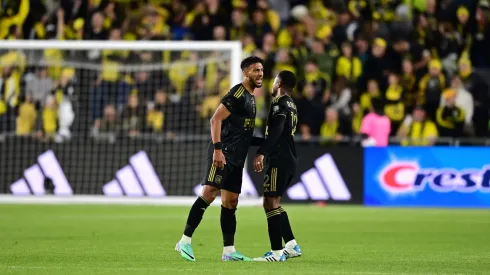 Denis Bouanga celebrates LAFC’s goal.
