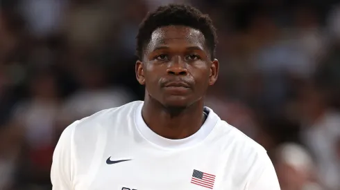 Anthony Edwards #5 of Team United States looks on prior to quarterfinal game between Team United States and Team Brazil