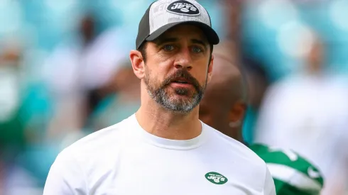 Aaron Rodgers #8 of the New York Jets looks on prior to a game against the Miami Dolphins at Hard Rock Stadium on December 17, 2023 in Miami Gardens, Florida.