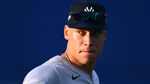 Aaron Judge #99 of the New York Yankees acknowledges the crowd prior to the game against the Detroit Tigers at Bowman Field on August 18, 2024 in South Williamsport, Pennsylvania.