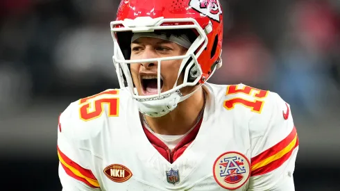Patrick Mahomes #15 of the Kansas City Chiefs reacts during the second quarter of a game against the Las Vegas Raiders at Allegiant Stadium on November 26, 2023 in Las Vegas, Nevada.