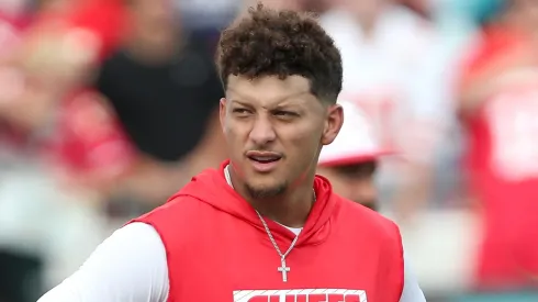 Patrick Mahomes #15 of the Kansas City Chiefs looks on before a preseason game against the Jacksonville Jaguars at EverBank Stadium on August 10, 2024 in Jacksonville, Florida.