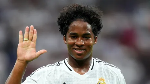 Endrick of Real Madrid celebrates scoring his team's third goal during the La Liga match between Real Madrid CF and Real Valladolid CF at Estadio Santiago Bernabeu on August 25, 2024 in Madrid, Spain.