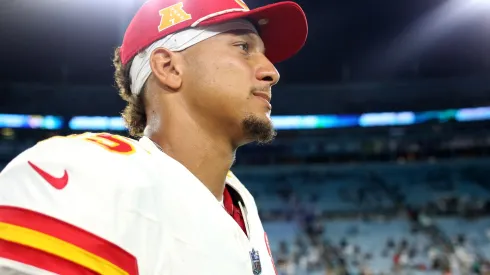 Patrick Mahomes #15 of the Kansas City Chiefs leaves the field after a preseason game against the Jacksonville Jaguars at EverBank Stadium on August 10, 2024 in Jacksonville, Florida.