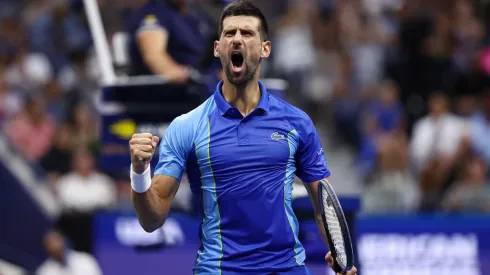 Novak Djokovic of Serbia celebrates after a point against Daniil Medvedev
