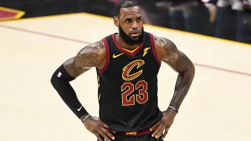 LeBron James #23 of the Cleveland Cavaliers reacts in the first half against the Golden State Warriors during Game Four of the 2018 NBA Finals