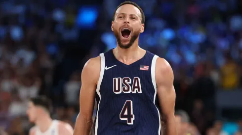 Stephen Curry #4 of Team United States reacts after a three point basket during the Men's Gold Medal game between Team France and Team United States on day fifteen of the Olympic Games Paris 2024 at Bercy Arena on August 10, 2024 in Paris, France.
