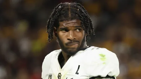 Quarterback Shedeur Sanders #2 of the Colorado Buffaloes watches from the sidelines during the second half of the NCAAF game against the Arizona State Sun Devils at Mountain America Stadium on October 07, 2023 in Tempe, Arizona. The Buffaloes defeated the Sun Devils 27-24.