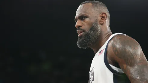 LeBron James #6 of Team United States reacts during a Men's basketball semifinals match between Team United States and Team Serbia on day thirteen of the Olympic Games Paris 2024 at Bercy Arena on August 08, 2024 in Paris, France.