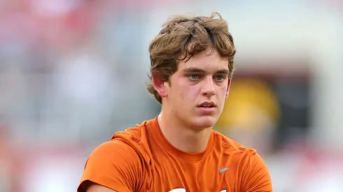 Arch Manning #16 of the Texas Longhorns warms-up prior to a game against the Alabama Crimson Tide at Bryant-Denny Stadium on September 09, 2023 in Tuscaloosa, Alabama.