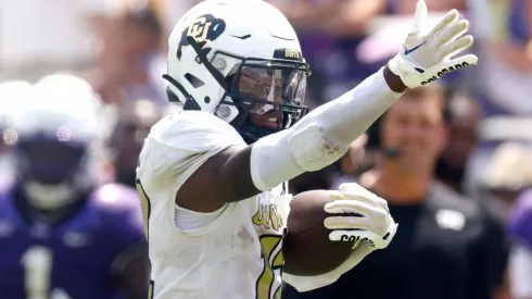 Travis Hunter #12 of the Colorado Buffaloes signals first down after a catch against the TCU Horned Frogs during the second half at Amon G. Carter Stadium on September 2, 2023 in Fort Worth, Texas. Colorado won 45-42.