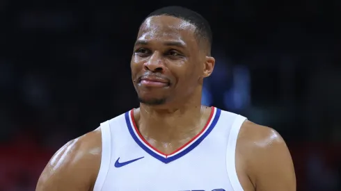 Russell Westbrook #0 of the LA Clippers jokes with Max Strus #1 of the Cleveland Cavaliers during a 120-118 Clippers win at Crypto.com Arena on April 07, 2024 in Los Angeles, California.