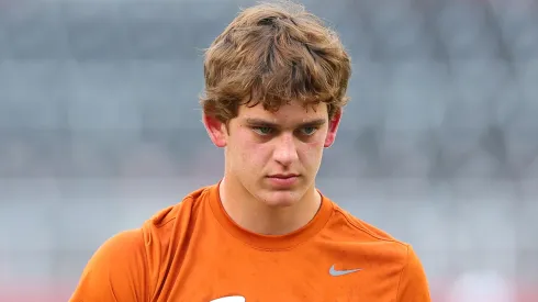 Arch Manning #16 of the Texas Longhorns warms-up prior to a game against the Alabama Crimson Tide at Bryant-Denny Stadium on September 09, 2023 in Tuscaloosa, Alabama.
