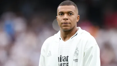 Kylian Mbappe of Real Madrid looks on prior to the La Liga match between Real Madrid CF and Real Valladolid CF