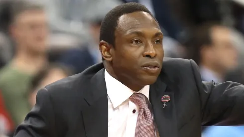 Head coach Avery Johnson of the Alabama Crimson Tide shouts against the Virginia Tech Hokies during the first half of the game in the first round of the 2018 NCAA Men's Basketball Tournament.