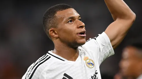 Kylian Mbappe of Real Madrid celebrates scoring his team's first goal during the LaLiga match between Real Madrid CF and Real Betis Balompie at Estadio Santiago Bernabeu on September 01, 2024 in Madrid, Spain.