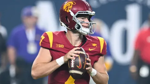 Miller Moss #7 of the USC Trojans throws against the LSU Tigers in the third quarter of the Vegas Kickoff Classic at Allegiant Stadium on September 01, 2024 in Las Vegas, Nevada. The Trojans defeated the Tigers 27-20.