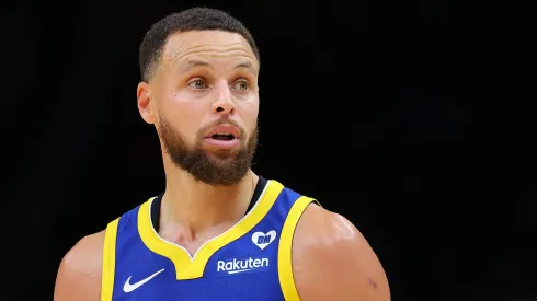 Stephen Curry #30 of the Golden State Warriors reacts against the Atlanta Hawks during the fourth quarter at State Farm Arena on February 03, 2024 in Atlanta, Georgia.