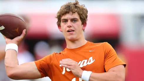 Arch Manning #16 of the Texas Longhorns warms-up prior to a game against the Alabama Crimson Tide at Bryant-Denny Stadium on September 09, 2023 in Tuscaloosa, Alabama.