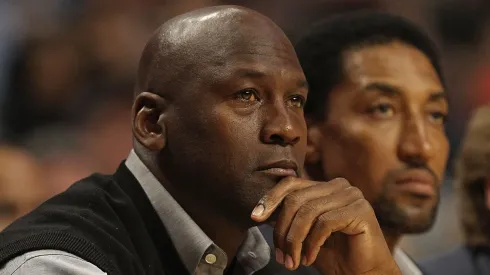 Former players Michael Jordan and Scottie Pippen of the Chicago Bulls watch as the Bulls take on the Charlotte Bobcats at the United Center.