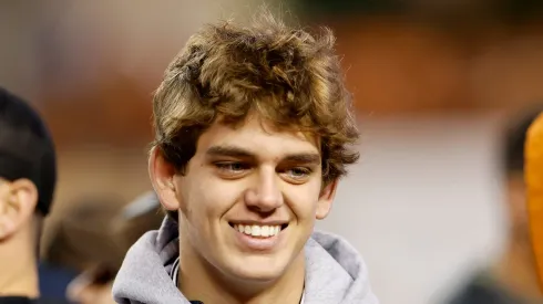 Arch Manning attends the game between the Texas Longhorns and the TCU Horned Frogs at Darrell K Royal-Texas Memorial Stadium on November 12, 2022 in Austin, Texas.