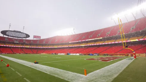 A general view of the field is seen as it rains during a weather delay due to inclement weather prior to the Kansas City Chiefs taking on the Baltimore Ravens at GEHA Field at Arrowhead Stadium on September 05, 2024 in Kansas City, Missouri.