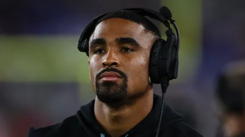 BALTIMORE, MD – AUGUST 09: Jalen Hurts #1 of the Philadelphia Eagles looks on from the sideline during the second quarter of a preseason game against the Baltimore Ravens at M&T Bank Stadium on August 9, 2024 in Baltimore, Maryland.