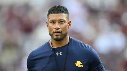 Head Coach Marcus Freeman of the Notre Dame Fighting Irish looks on prior to the game against the Texas A&M Aggies Kyle Field on August 31, 2024 in College Station, Texas.