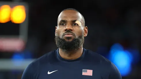 LeBron James #6 of Team United States reacts prior to a Men's basketball semifinals match between Team United States and Team Serbia on day thirteen of the Olympic Games Paris 2024 at Bercy Arena on August 08, 2024 in Paris, France.