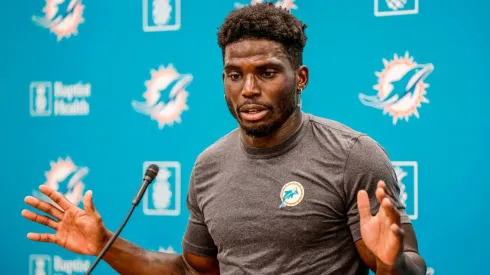 Miami Dolphins wide receiver Tyreek Hill (10) speaks to reporters at Baptist Health Training Complex in Miami Gardens, Florida, on Monday, July 23, 2024