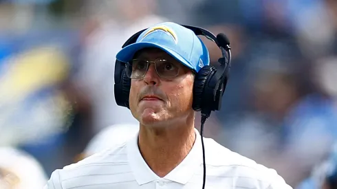 Head coach Jim Harbaugh of the Los Angeles Chargers looks on during the third quarter against the Las Vegas Raiders at SoFi Stadium.