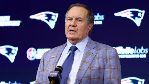 Head coach Bill Belichick of the New England Patriots speaks to the media during a press conference at Gillette Stadium on January 11, 2024 in Foxborough, Massachusetts. Belichick announced he is stepping down as head coach after 24 seasons with the team.