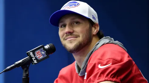 Josh Allen of the Buffalo Bills speaks with media