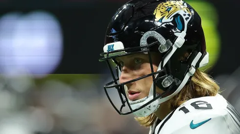Trevor Lawrence #16 of the Jacksonville Jaguars looks on against the Atlanta Falcons during the first quarter at Mercedes-Benz Stadium on August 23, 2024 in Atlanta, Georgia.