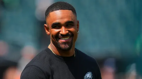 Jalen Hurts #1 of the Philadelphia Eagles smiles prior to the preseason game against the Minnesota Vikings at Lincoln Financial Field on August 24, 2024 in Philadelphia, Pennsylvania