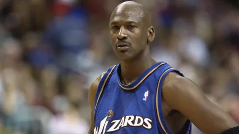 Michael Jordan #23 of the Washington Wizards on the court during the final NBA game of his career, played against the Philadelphia 76ers at First Union Center on March 30, 2003 in Philadelphia, Pennsylvania. The Sixers won 107-87.